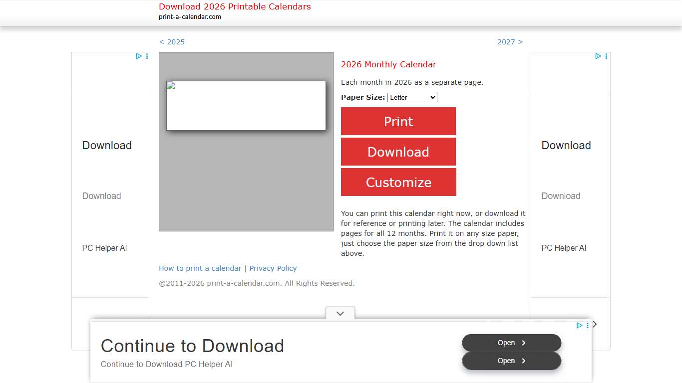 2026 Printable Monthly Calendar