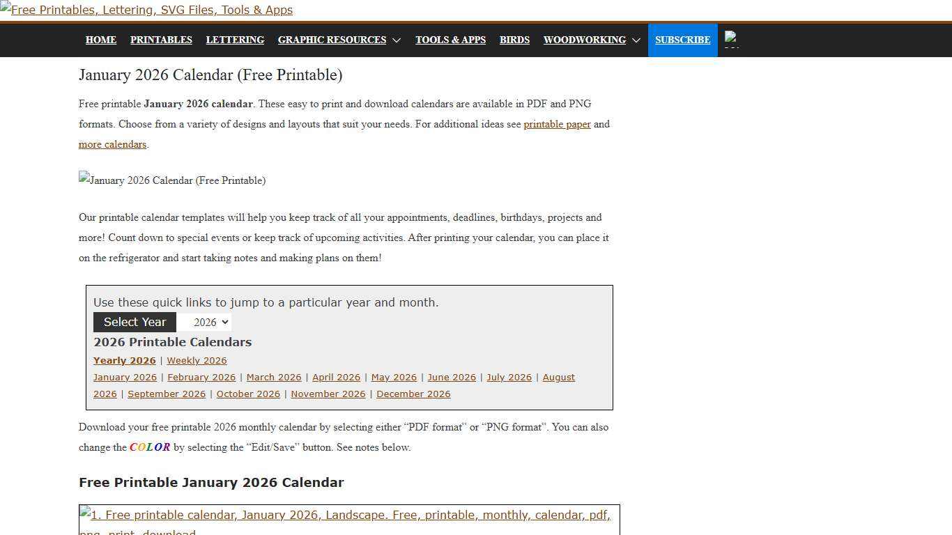 January 2026 Calendar (Free Printable) – Free Printables, Lettering, SVG Files, Tools & Apps