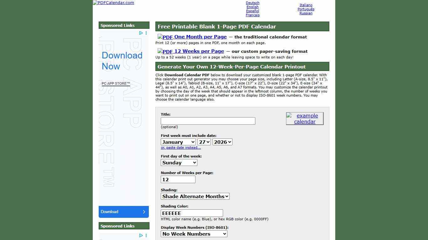 Free Printable PDF 2026-2027 Calendar - 12 Weeks on 1 Page - PDFCalendar.com